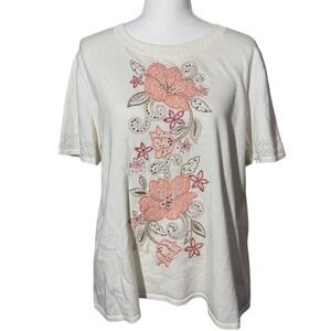 Alfred Dunner Floral Embroidered Knit Top Large Cream Short Sleeve Rhinestone EX
